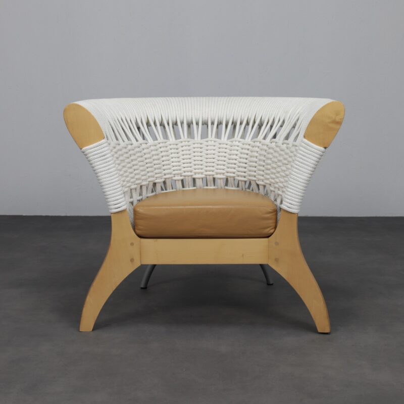 Handcrafted Italian Lounge Chair by Driade in Wood, Rope & Leather Italy 1990s