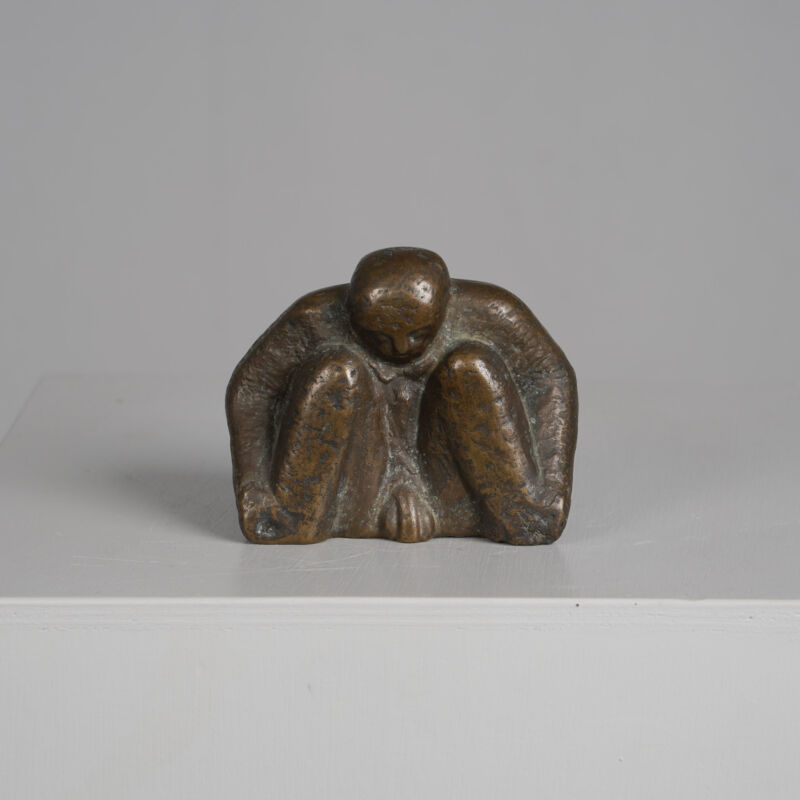 Bronze Sculpture of a Crouching Male Figure, Signed LN