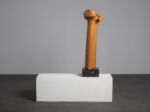 Biomorphic modernist sculpture in carved wood on stone base, Netherlands, 1970s, side view