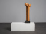 Biomorphic modernist sculpture in carved wood on stone base, Netherlands, 1970s, opposite side view