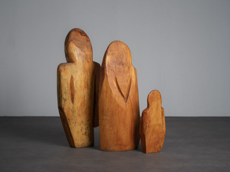 Carved Wood Sculpture Group “Family” by Roland Lavianne, France, 1970s