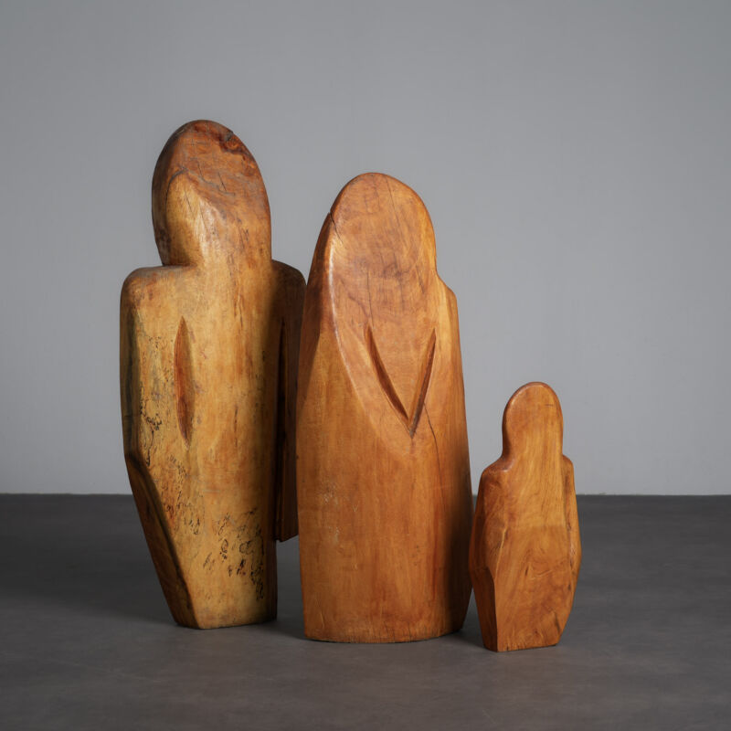 Carved Wood Sculpture Group “Family” by Roland Lavianne, France, 1970s